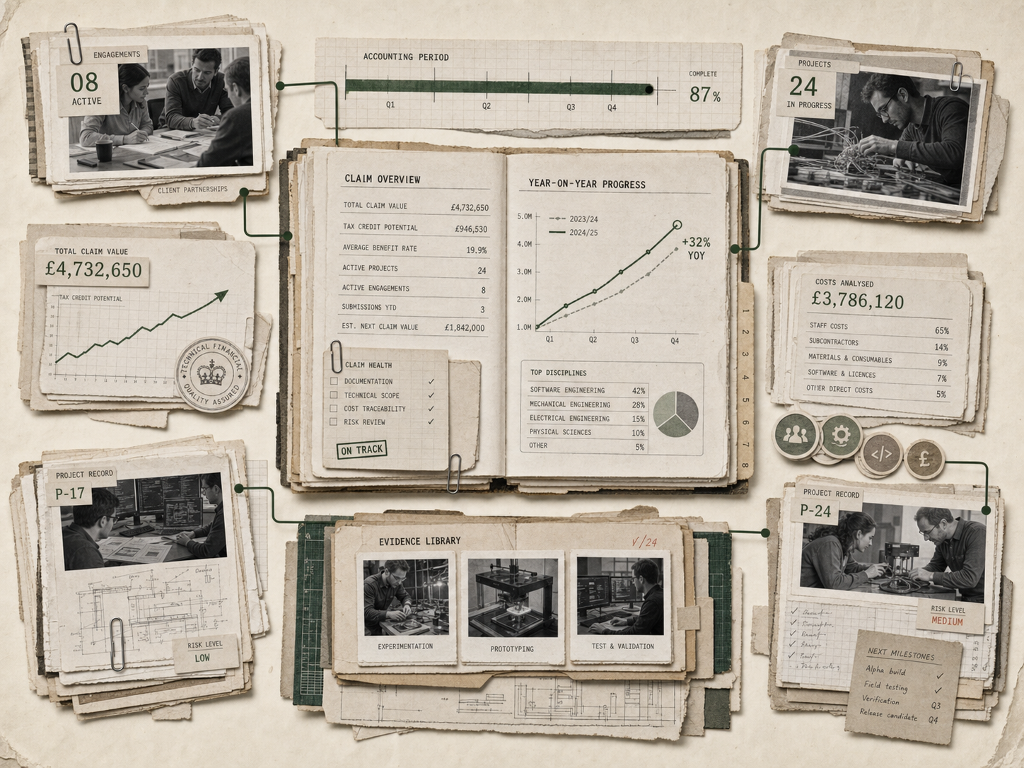 Editorial collage of an R&D claim overview connecting credit, engagement and project records
