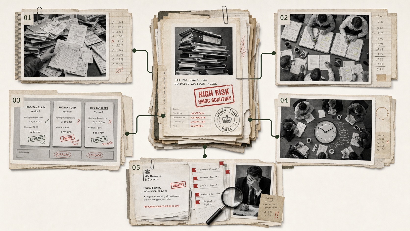 Case file collage of the outdated R&D advisory model: piles of receipts, manual reconciliation, conflicting claim versions, long meetings and an HMRC enquiry letter